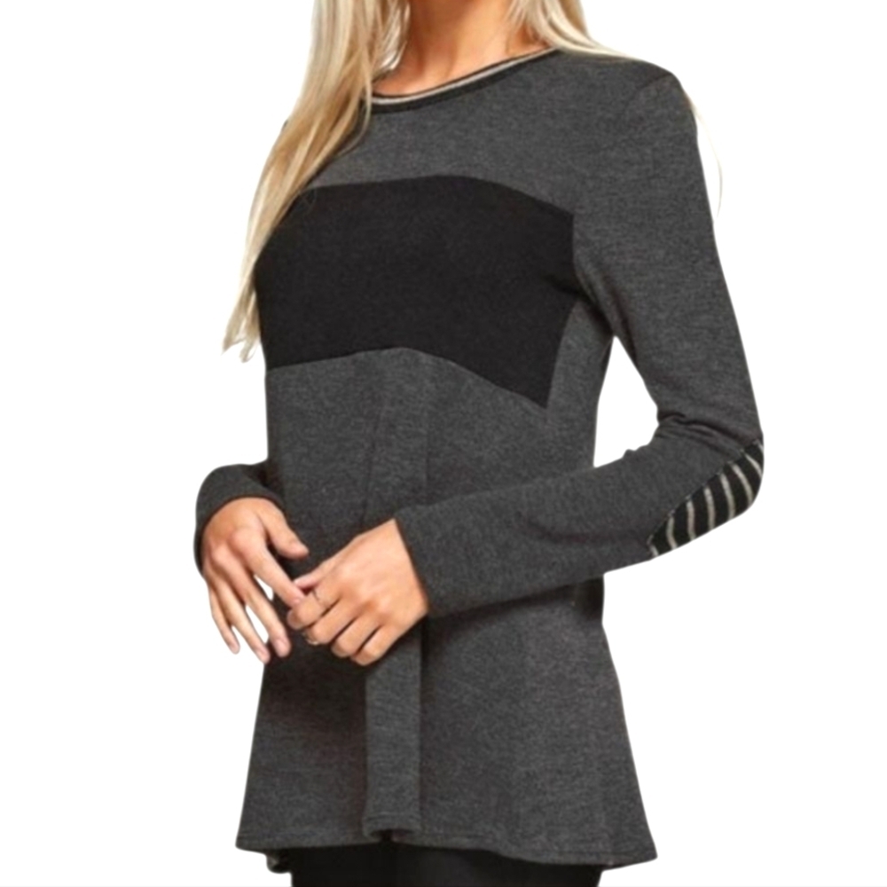 12 PM BY MON AMI Black & Gray Color Block Long Sleeve Top Size Med NWT